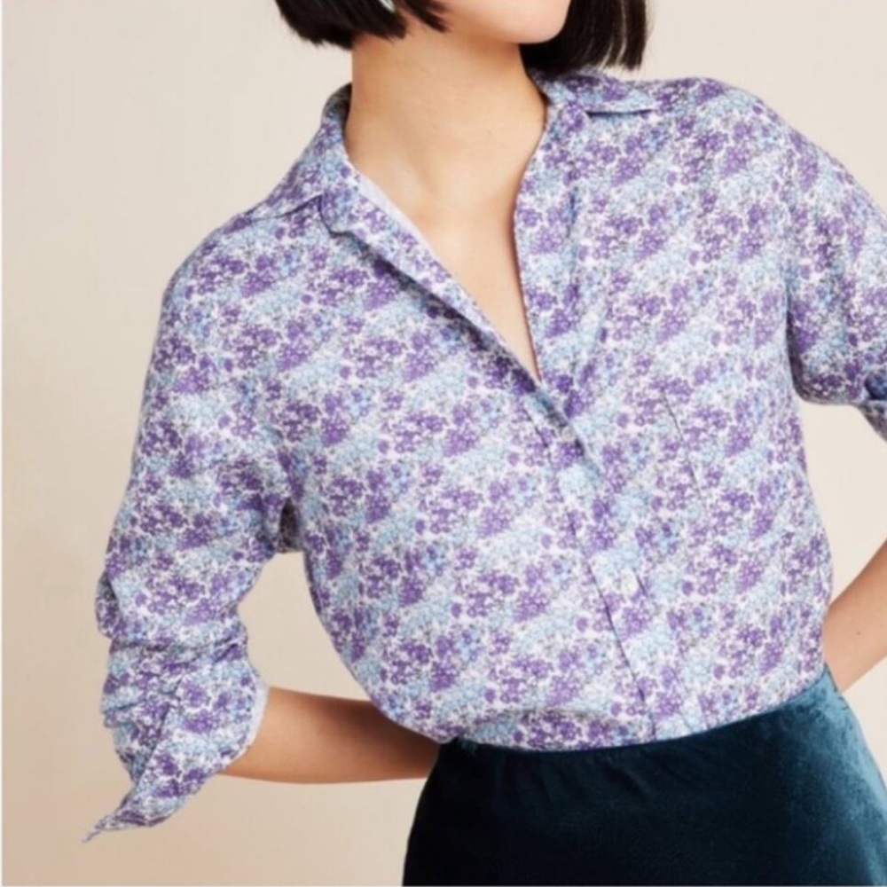 Grayson The Hero Button-Up Button Down Shirt Blue Purple Floral Liquid Lyocell